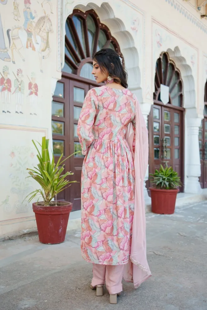 Vaasva Women Peach Muslin Kurta With Handwork Embroidered , Pant & Dupatta Set