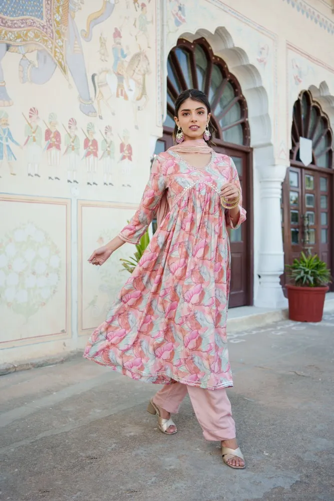 Vaasva Women Peach Muslin Kurta With Handwork Embroidered , Pant & Dupatta Set