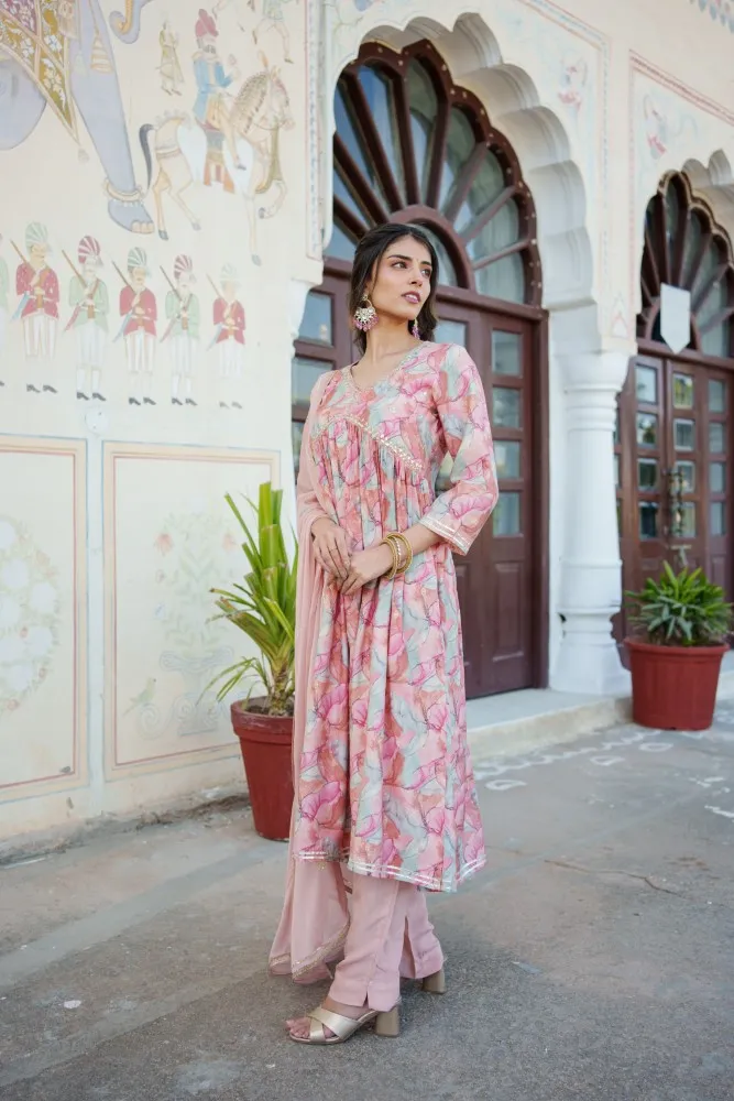 Vaasva Women Peach Muslin Kurta With Handwork Embroidered , Pant & Dupatta Set