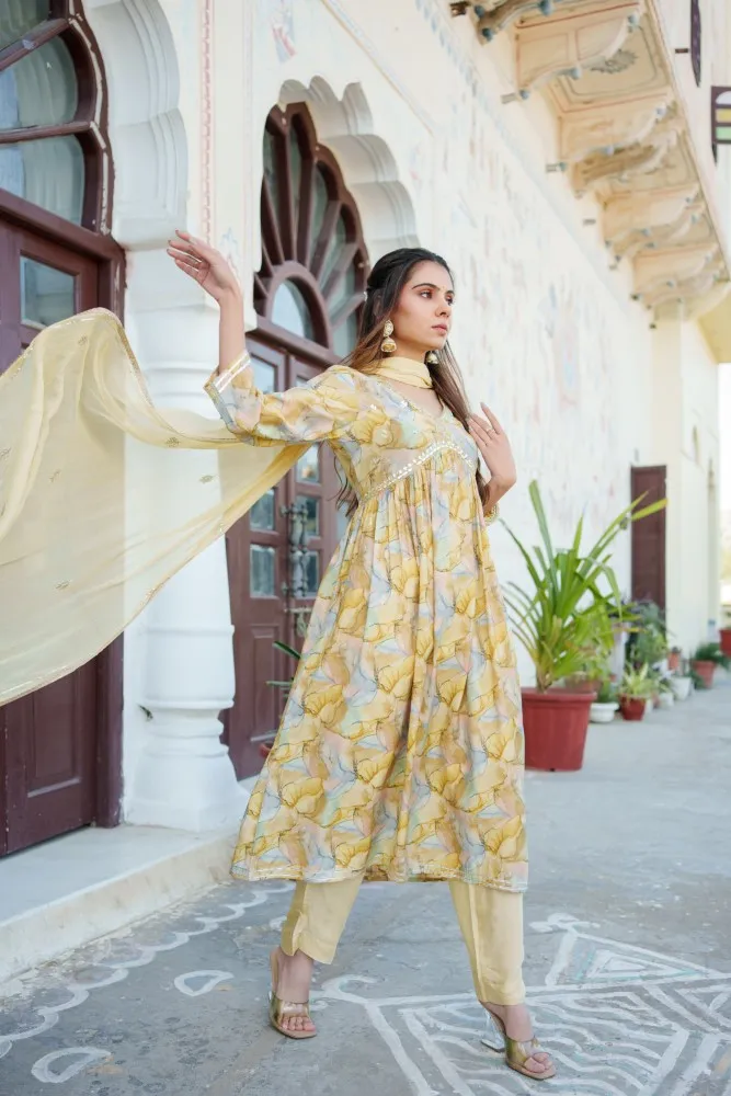 Vaasva Women Yellow Muslin Kurta With Handwork Embroidered , Pant & Dupatta Set