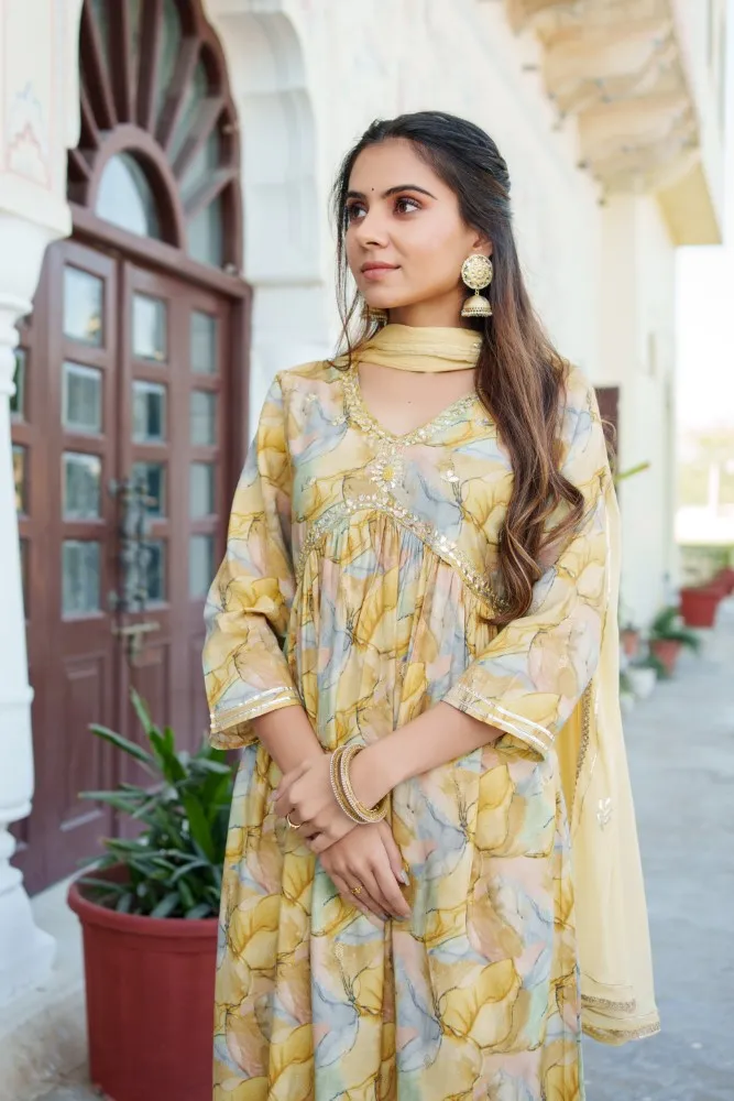 Vaasva Women Yellow Muslin Kurta With Handwork Embroidered , Pant & Dupatta Set