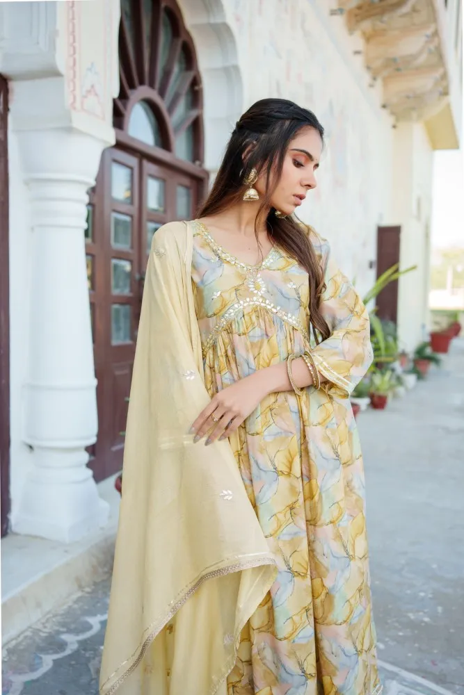 Vaasva Women Yellow Muslin Kurta With Handwork Embroidered , Pant & Dupatta Set