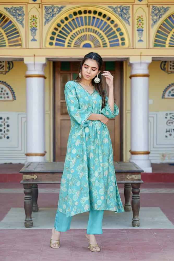 Vaasva Women Aqua Muslin Pleated Kurta & Pant (Clothing Set)