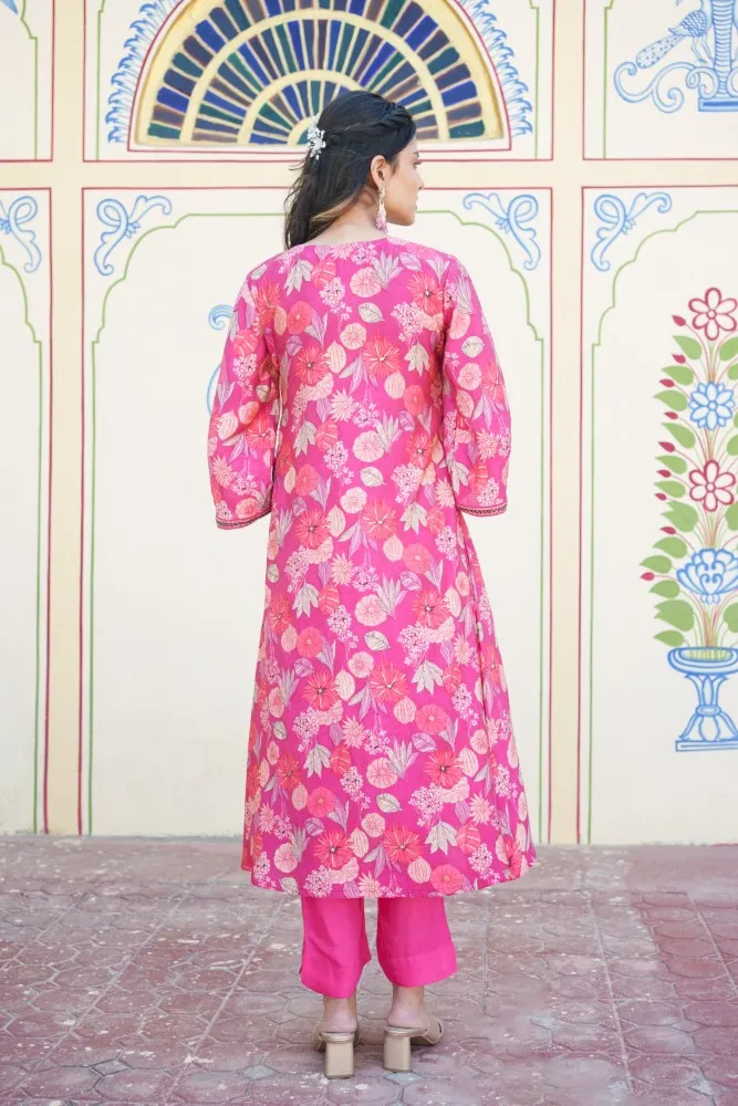 Vaasva Women Pink Muslin Pleated Kurta & Pant (Clothing Set)