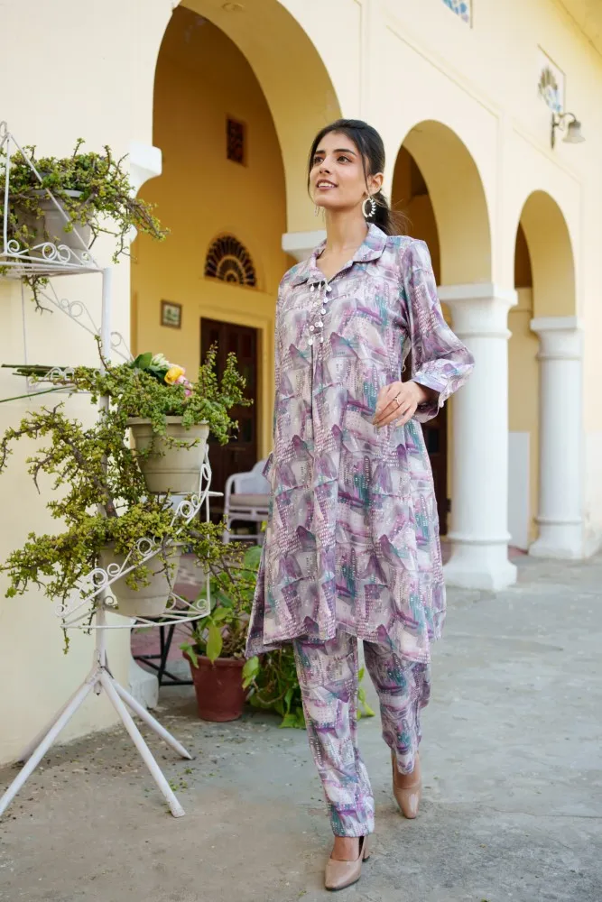 Vaasva Women Lavender Muslin Printed Shirt & Pant Set