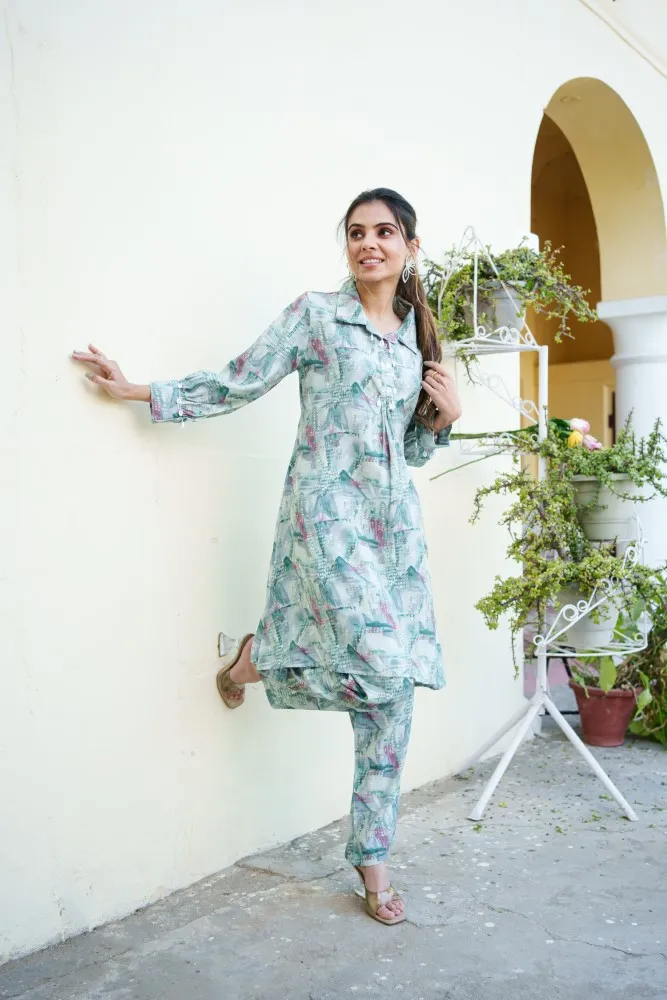 Vaasva Women Mint Muslin Printed Shirt & Pant Set