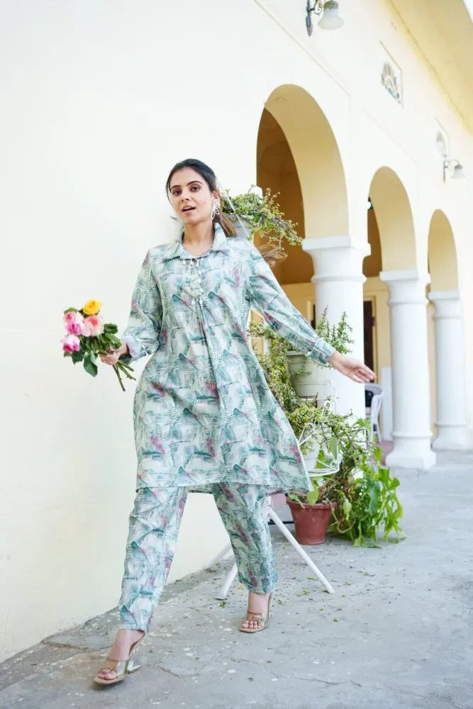 Vaasva Women Mint Muslin Printed Shirt & Pant Set