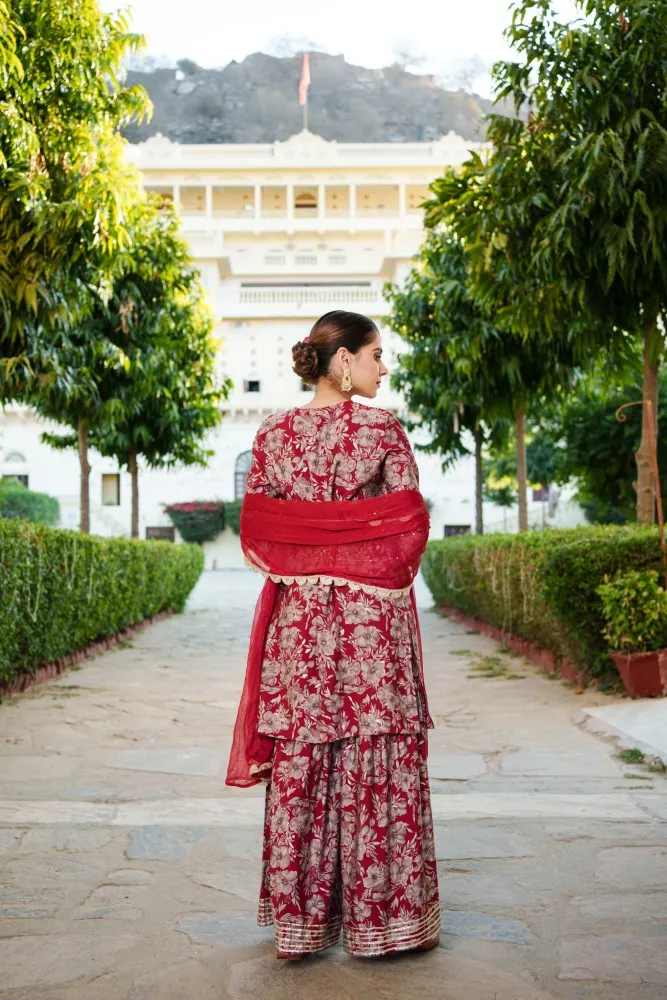 Vaasva Women Maroon Muslin Floral & Embroidered Cut Work Kurta , Sharara & Dupatta set