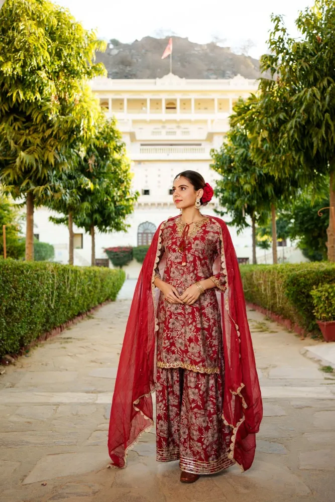 Vaasva Women Maroon Muslin Floral & Embroidered Cut Work Kurta , Sharara & Dupatta set