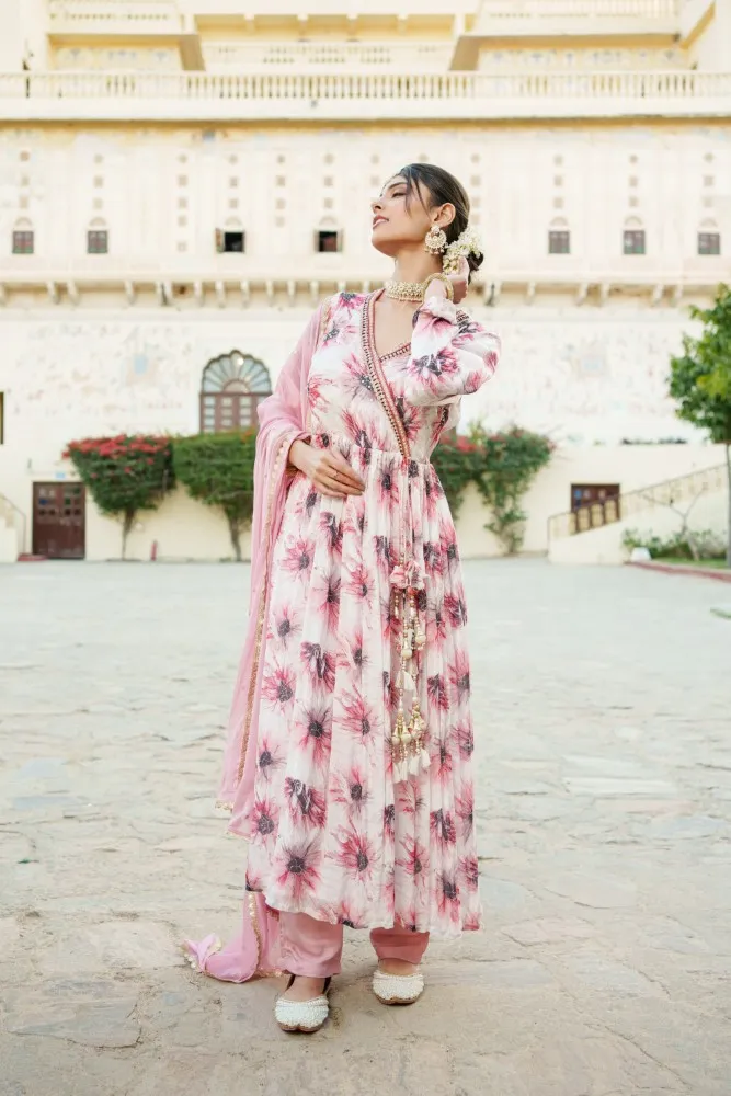 Vaasva White Chinon Floral Embroidered Angrakha Anarkali, Pant & Dupatta set