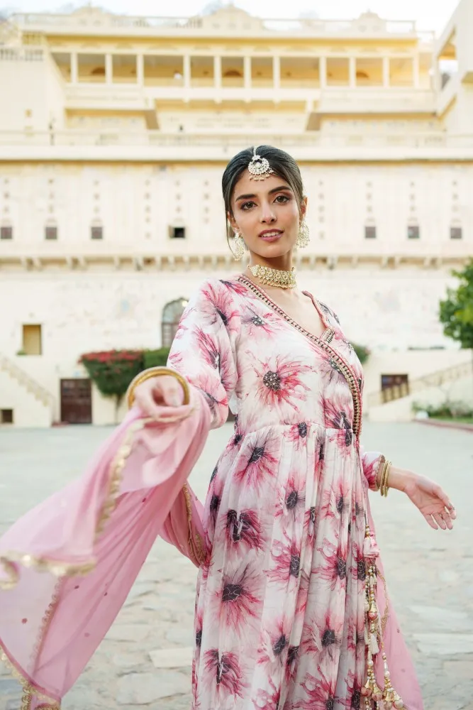 Vaasva White Chinon Floral Embroidered Angrakha Anarkali, Pant & Dupatta set