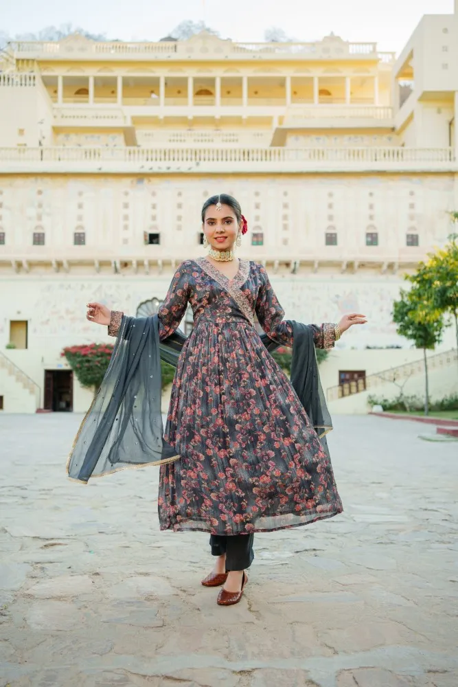 Vaasva Black Chinon Floral Embroidered Angrakha, Pant & Dupatta set