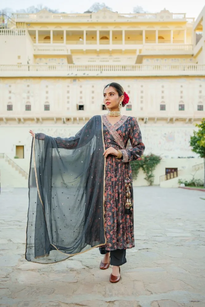 Vaasva Black Chinon Floral Embroidered Angrakha, Pant & Dupatta set