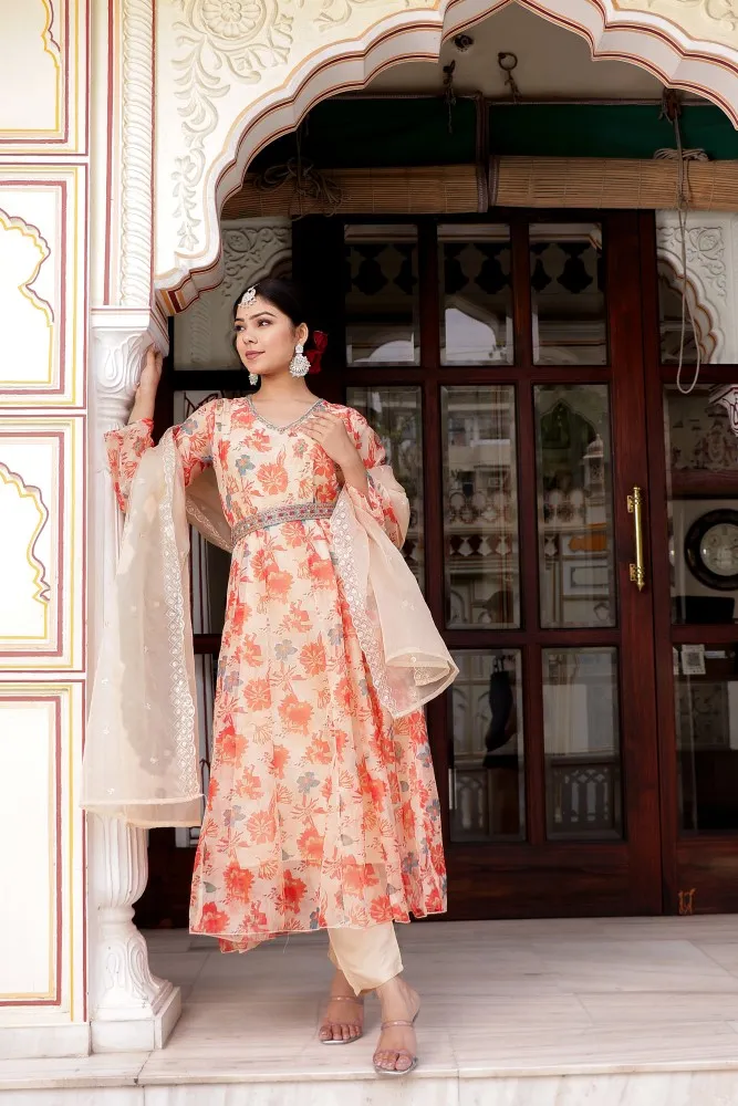 Vaasva Women Cream Organza Floral Print & Embroidered Anarkali Kurta , Pant & Embroidered Dupatta set