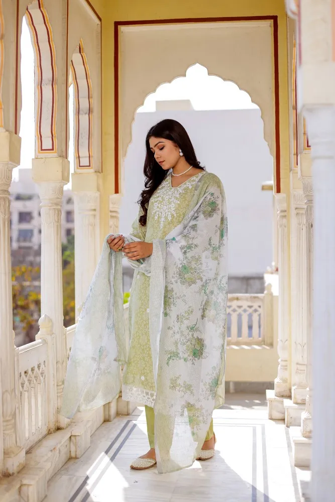 Vaasva Women Pista Green Linen Printed  Kurta, Pant & Dupatta set