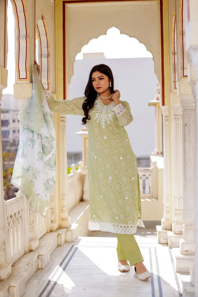 Vaasva Women Pista Green Linen Printed  Kurta, Pant & Dupatta set