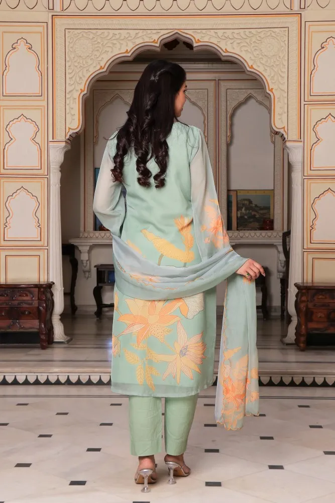 Vaasva Women Teal Green Tabby Slik  Print & Embroidered Kurta, Pant & Dupatta set