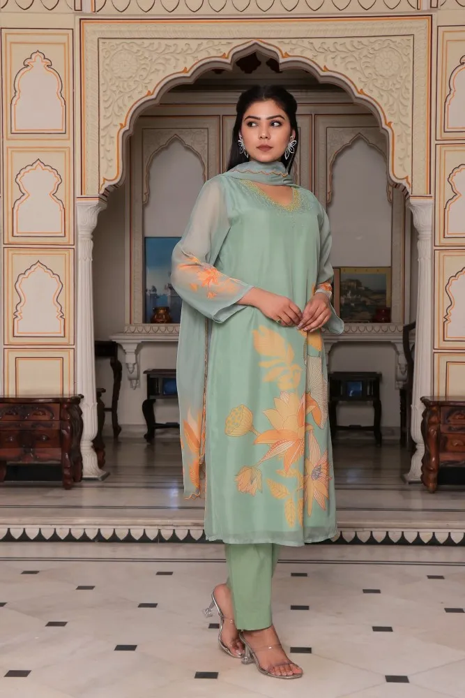 Vaasva Women Teal Green Tabby Slik  Print & Embroidered Kurta, Pant & Dupatta set