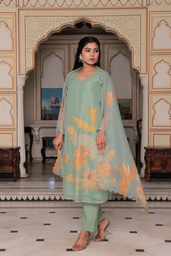 Vaasva Women Teal Green Tabby Slik  Print & Embroidered Kurta, Pant & Dupatta set