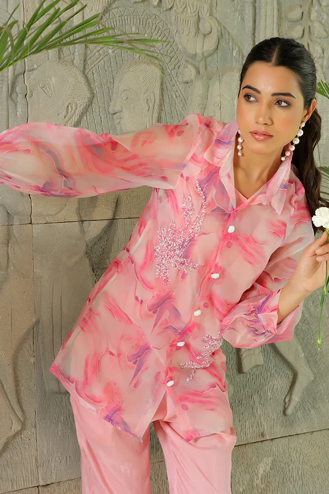 Vaasva Women Pink Marble Print Embroidered Shirt With Solid Pants