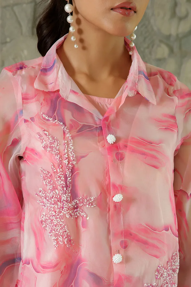 Vaasva Women Pink Marble Print Embroidered Shirt With Solid Pants