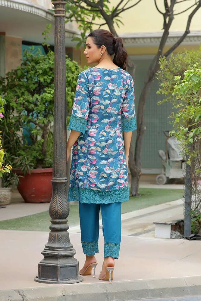 Vaasva Women Cyan Embroidered Printed  Kurta Set With Laced Solid Pants