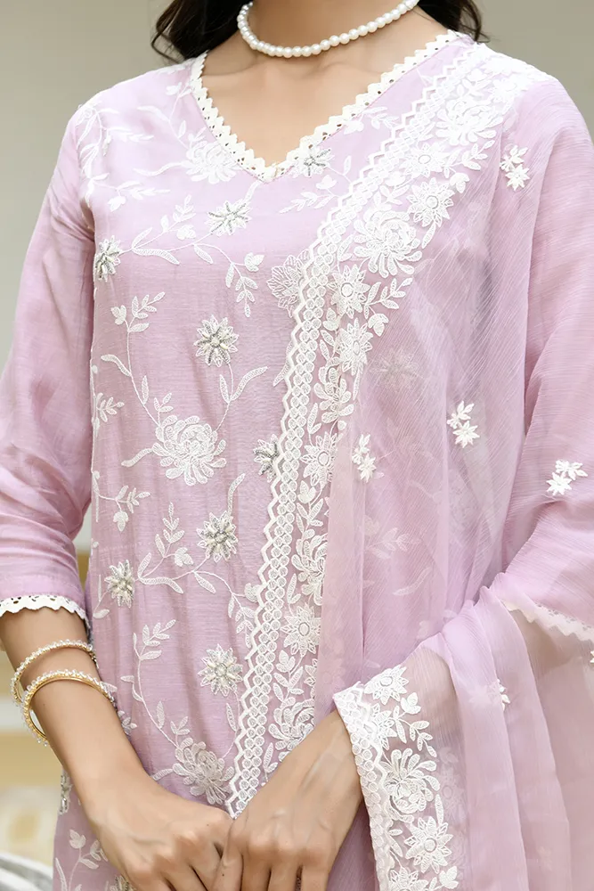 Vaasva Women Pink Linen Embroidered Solid Kurta Set With Solid Pants & Chiffon Embroidered Dupatta Set