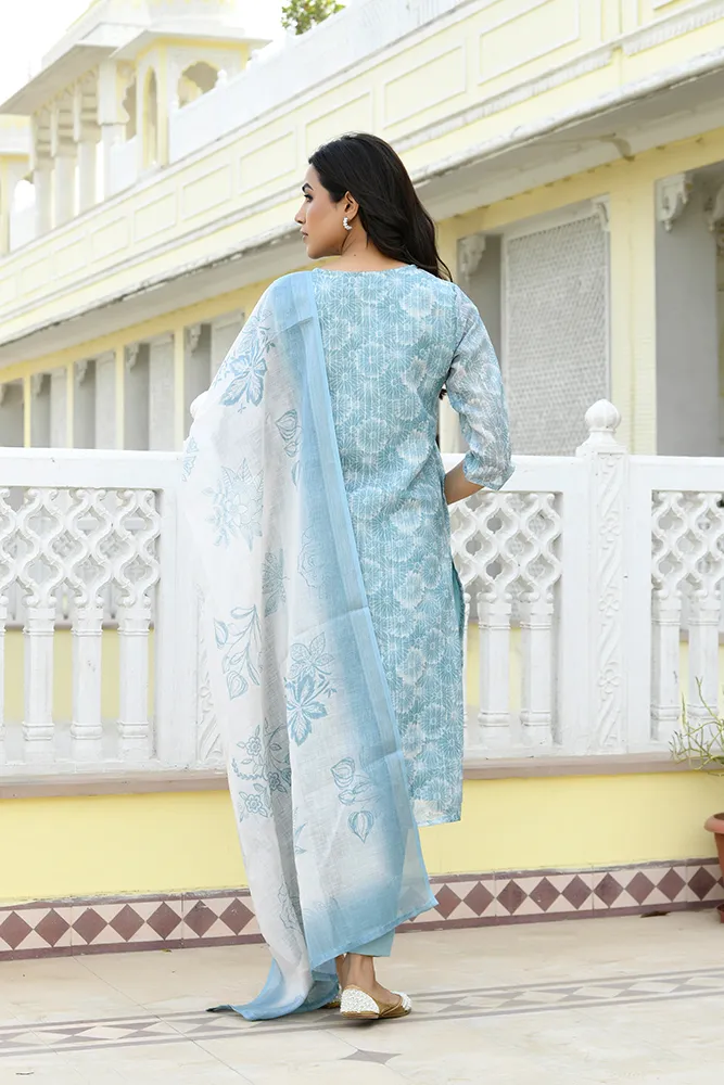 Vaasva Women Blue Tissue Linen Embroidered Solid Kurta Set With Solid Pants & Printed Dupatta Set