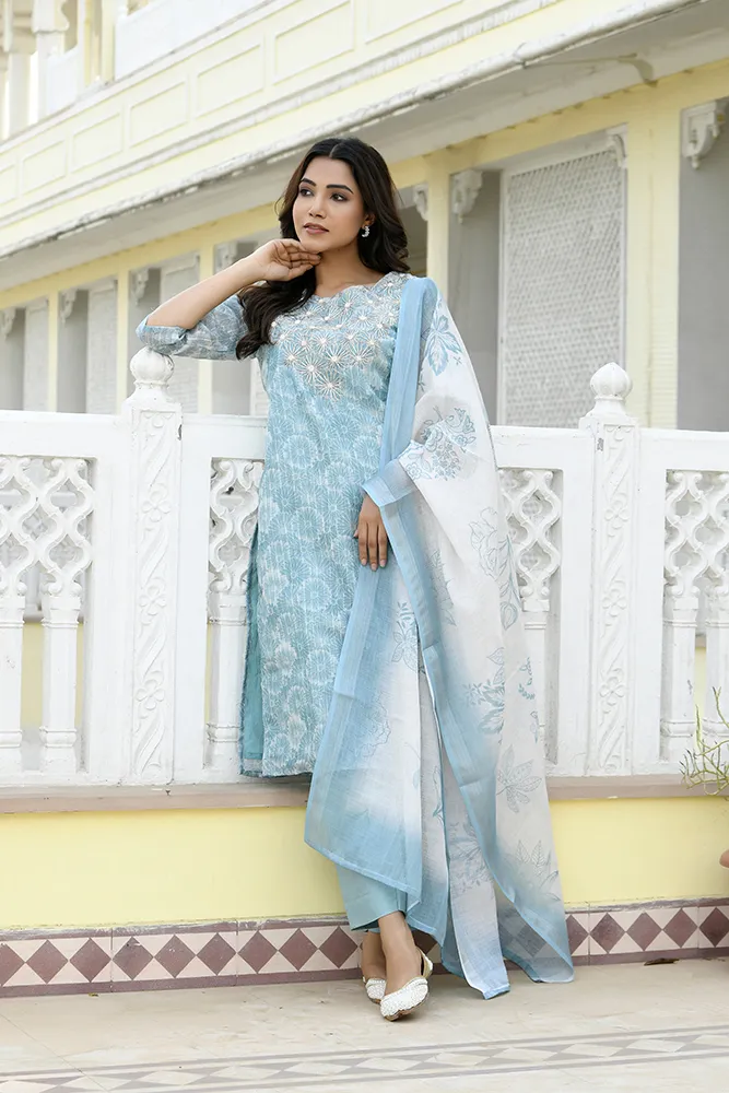 Vaasva Women Blue Tissue Linen Embroidered Solid Kurta Set With Solid Pants & Printed Dupatta Set