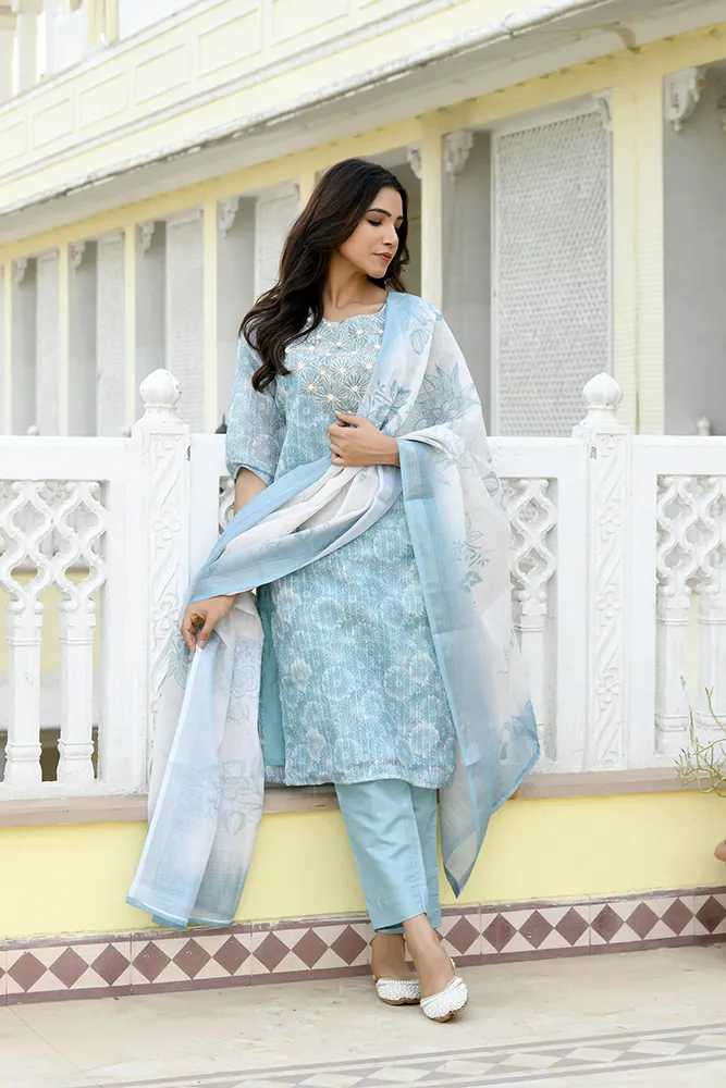 Vaasva Women Blue Tissue Linen Embroidered Solid Kurta Set With Solid Pants & Printed Dupatta Set