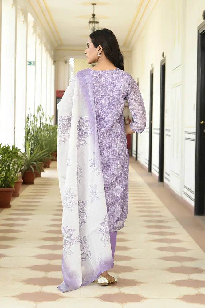 Vaasva Women Lavender Tissue Linen Embroidered Solid Kurta Set With Solid Pants & Printed Dupatta Set