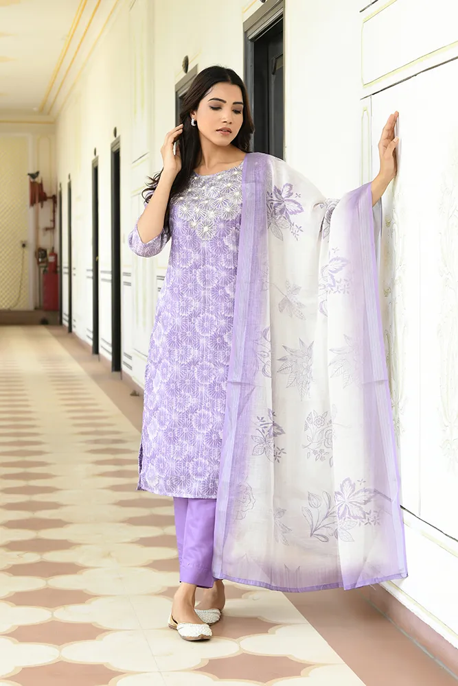 Vaasva Women Lavender Tissue Linen Embroidered Solid Kurta Set With Solid Pants & Printed Dupatta Set