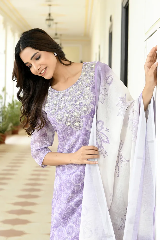 Vaasva Women Lavender Tissue Linen Embroidered Solid Kurta Set With Solid Pants & Printed Dupatta Set