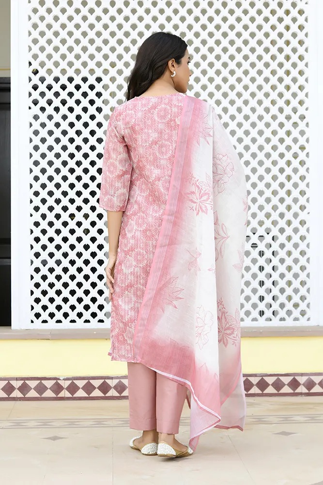 Vaasva Women Pink Tissue Linen Embroidered Solid Kurta Set With Solid Pants & Printed Dupatta Set