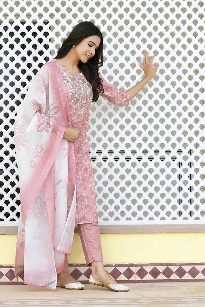 Vaasva Women Pink Tissue Linen Embroidered Solid Kurta Set With Solid Pants & Printed Dupatta Set