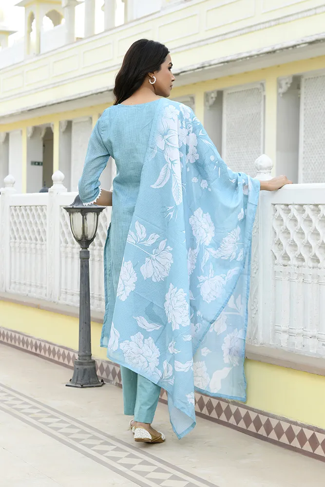 Vaasva Women Blue Kota Doria Embroidered Solid Kurta Set With Solid Pants & Printed Dupatta Set