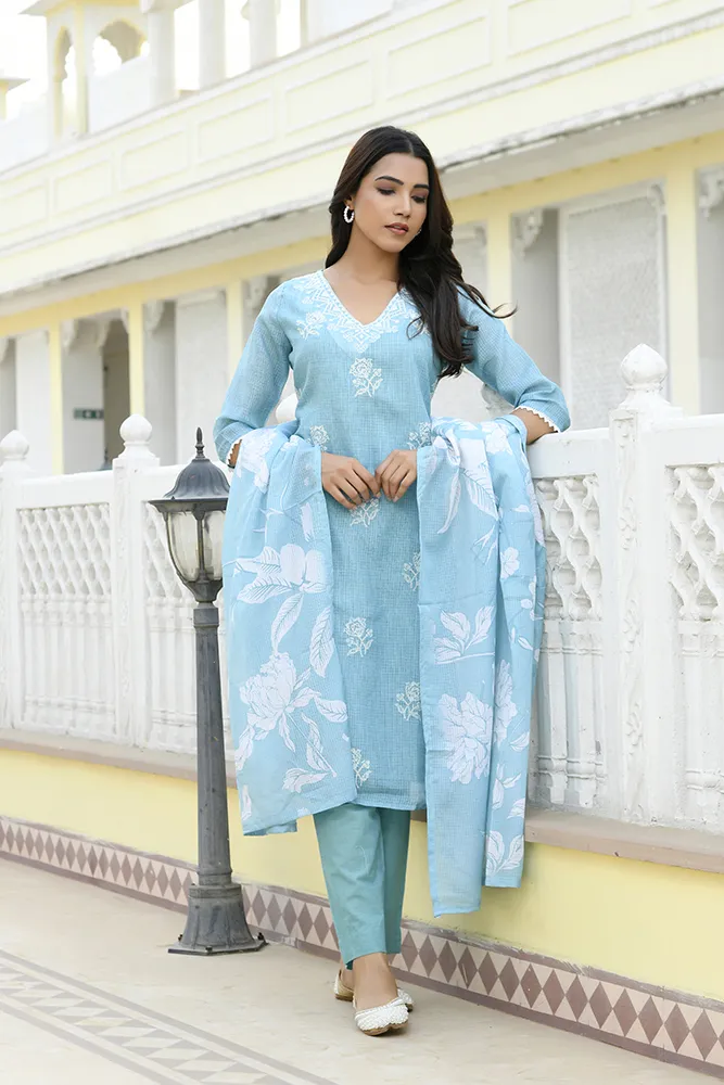 Vaasva Women Blue Kota Doria Embroidered Solid Kurta Set With Solid Pants & Printed Dupatta Set