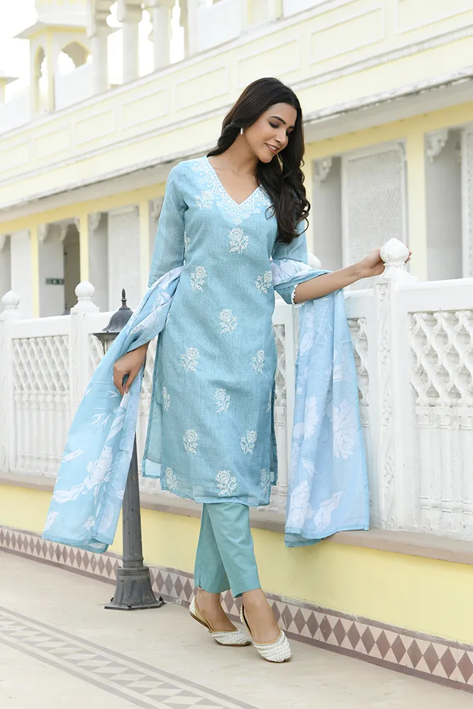 Vaasva Women Blue Kota Doria Embroidered Solid Kurta Set With Solid Pants & Printed Dupatta Set