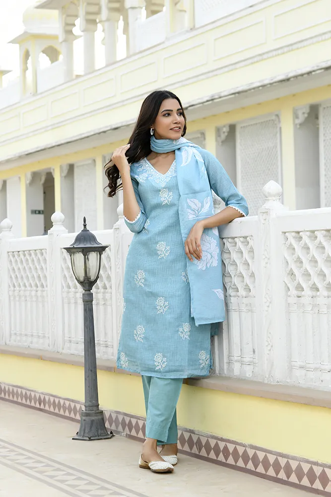 Vaasva Women Blue Kota Doria Embroidered Solid Kurta Set With Solid Pants & Printed Dupatta Set