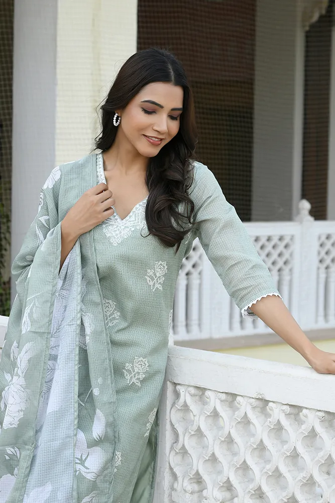 Vaasva Women Green Kota Doria Embroidered Solid Kurta Set With Solid Pants & Printed Dupatta Set