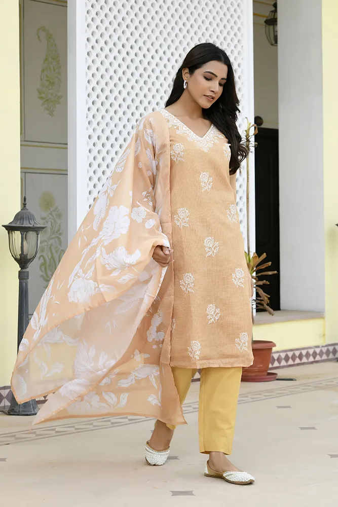 Vaasva Women Mustard Kota Doria Embroidered Solid Kurta Set With Solid Pants & Printed Dupatta Set