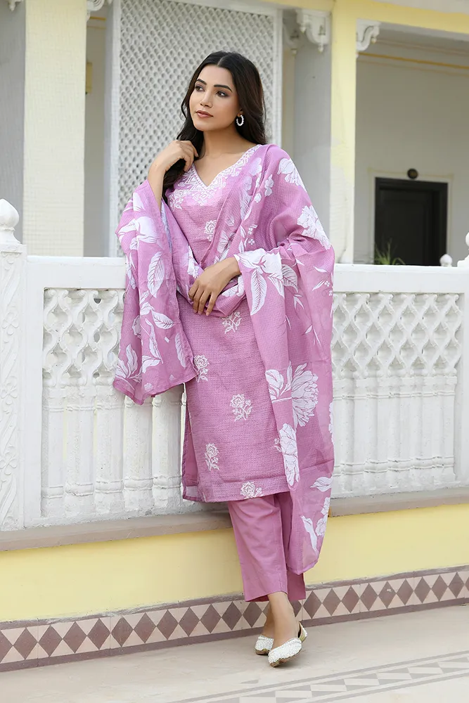 Vaasva Women Pink Kota Doria Embroidered Solid Kurta Set With Solid Pants & Printed Dupatta Set