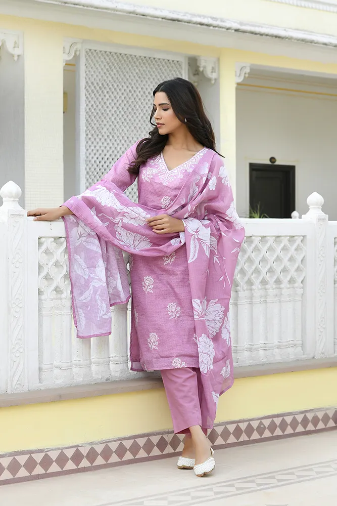 Vaasva Women Pink Kota Doria Embroidered Solid Kurta Set With Solid Pants & Printed Dupatta Set