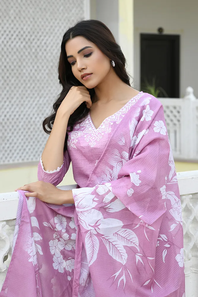 Vaasva Women Pink Kota Doria Embroidered Solid Kurta Set With Solid Pants & Printed Dupatta Set