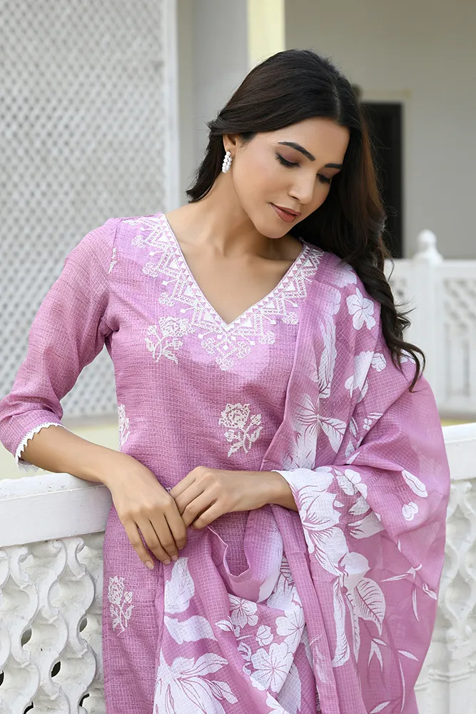 Vaasva Women Pink Kota Doria Embroidered Solid Kurta Set With Solid Pants & Printed Dupatta Set