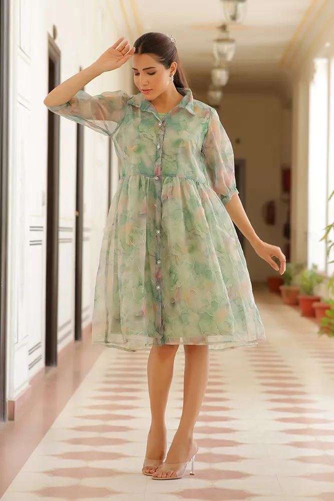 Vaasva Women Green Organza Marble Printed Dress