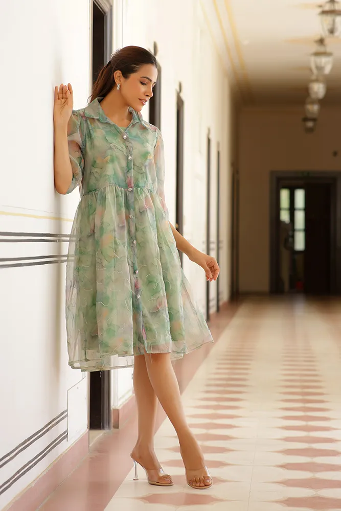 Vaasva Women Green Organza Marble Printed Dress