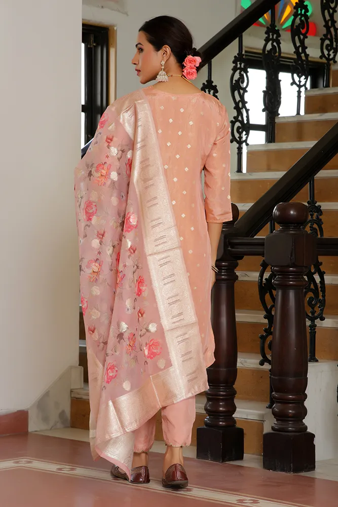 Vaasva Women Peach Tissue Brocade Embroidered Kurta With Scalloped Pant & Dupatta Set