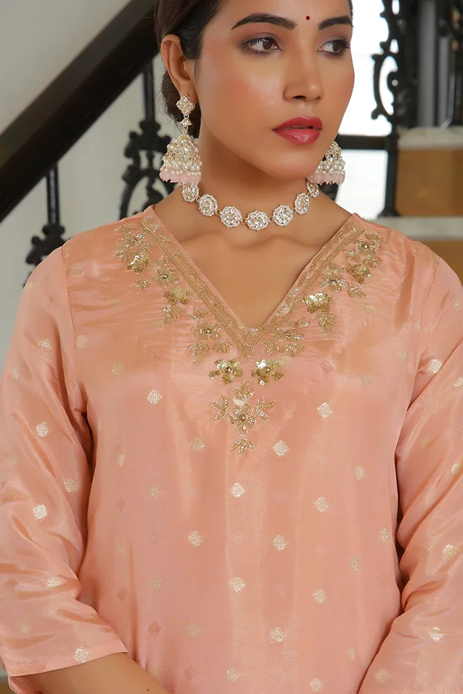 Vaasva Women Peach Tissue Brocade Embroidered Kurta With Scalloped Pant & Dupatta Set