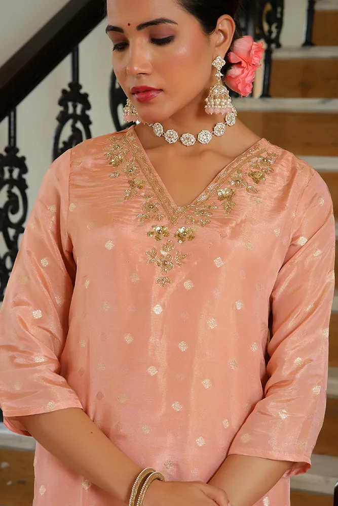 Vaasva Women Peach Tissue Brocade Embroidered Kurta With Scalloped Pant & Dupatta Set